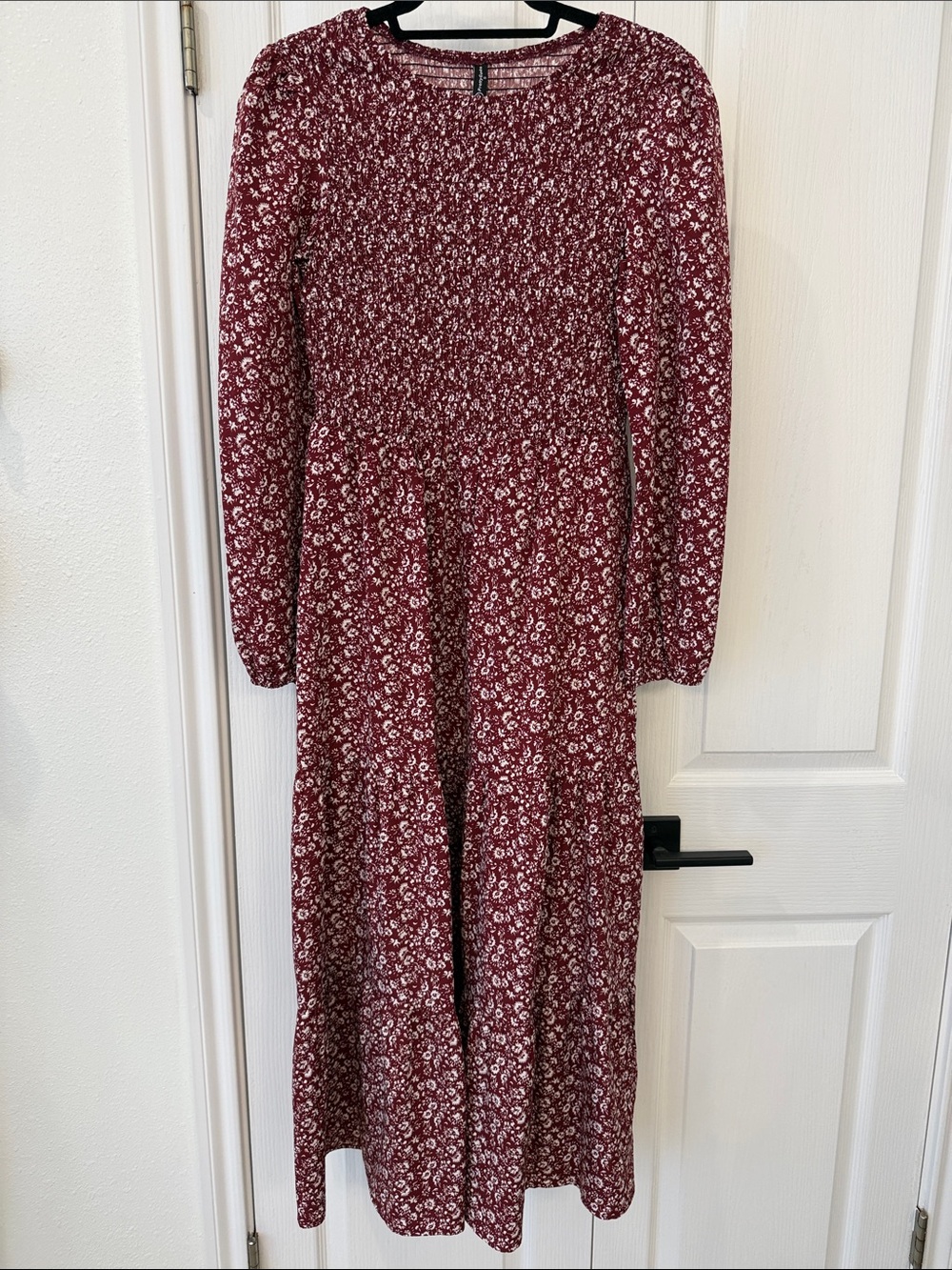 PrettyGarden Burgundy Floral Smocked Long Sleeve Maxi Dress Size Small